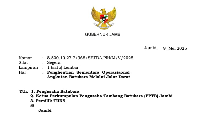 Gubernur Jambi Hentikan Operasional Angkutan Batu Bara Jalur Darat Selama Pemberangkatan Haji, PETAJAMBI.COM